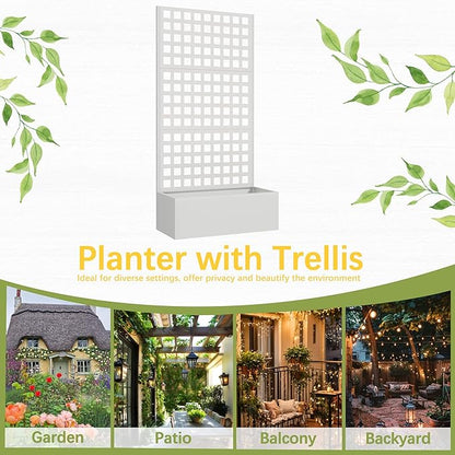 Metal Planter Box with Trellis, 71"x 35"x 16" Raised Garden Bed with Trellis, Planter Box Trellis with Privacy Screen and Drainage Holes, White