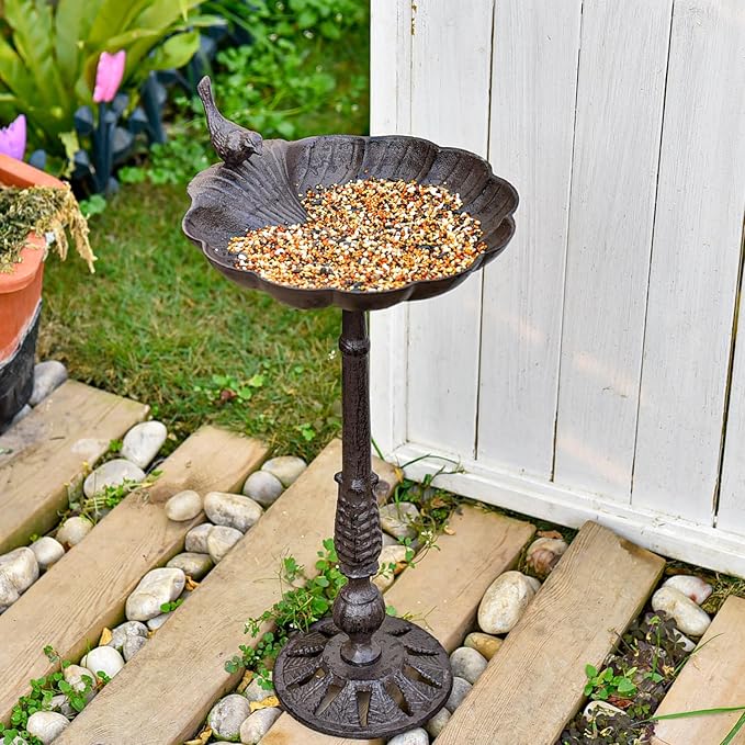 Sungmor Cast Iron Bird Bath for Outside, 21 Inch Height Garden Standing Feeder, Antique Style & Shell-Shape Bird Bath Bowl, Decorative Pedestal Birdbath, Outdoor Yard Deck Patio Ornament