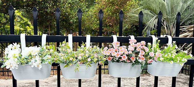 12" Balcony Railing Planters, Outdoor Hanging Planter for Fence, Stylish Metal Porch Deck Flower Pot for Herbs & Succulents (White, Pack of 8)