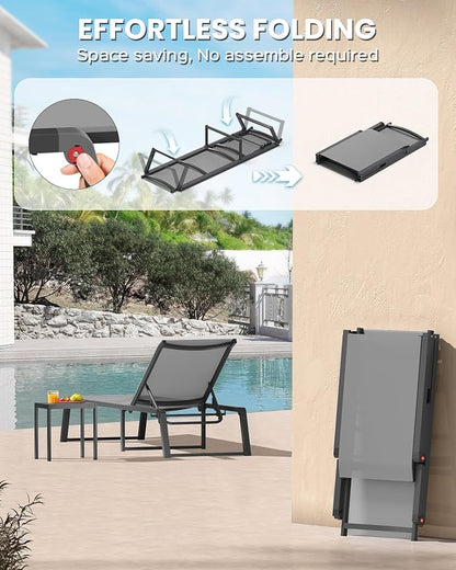 Aluminum Chaise Lounge Chair Outdoor, Foldable& No Assembly Patio Pool Lounge Chairs 5-Position Recliner for Outside, Fully Grounded Legs Sun Lounger for Poolside, Dark Grey, 2 Pack