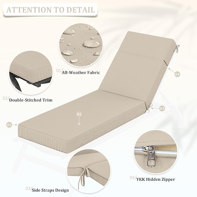 Chaise Lounge Cushions Outdoor, 72" L X 21" W X 4" D Lounge Chair Cushions for Outdoor Furniture, High-Density Foam Outdoor Chaise Cushion-Waterproof Fade-Resistant ThickPatio lounge chair cushion
