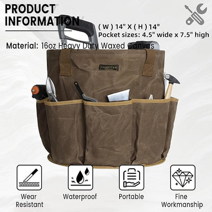 Heavy-Duty 16oz Waxed Canvas Tool Bag - 14" Foldable Open Top Organizer with Metal Frame, 8 Pockets & Reinforced Handle | Grey