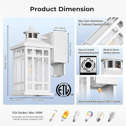 White Motion Sensor Outdoor Lights with GFCI Outlet, Distance and Time Adjustable Exterior Lighting Fixtures, Dusk to Dawn Outside Light for House, Porch, Garage, 5 Modes, Waterproof, Anti-Rust