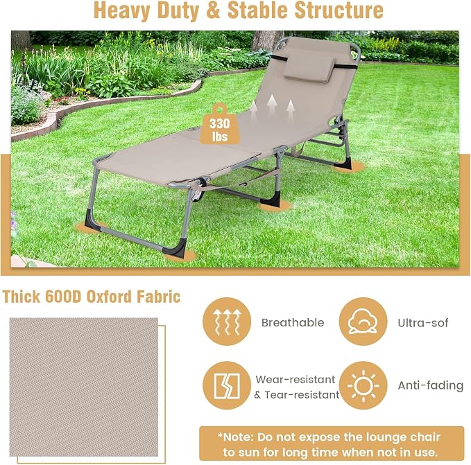 GYMAX Tanning Chair, 330LBS Beach Lounge with Face Arm Hole & Hand Shoulder Strap, Folding Layout Sunbathing Chair, Face Down Outdoor Chaise Lounger for Patio, Poolside, Lawn, Backyard (1, Sand)