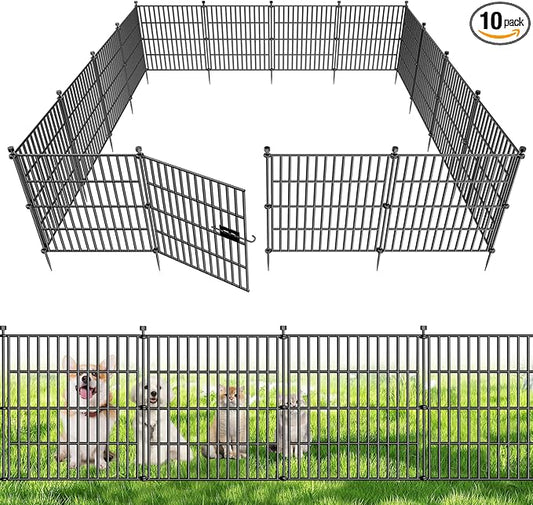10 Panels No Dig Decorative Outdoor Garden Fence with Gate for Yard, 24 in(H) X 20 ft(L) Animal Barrier Fencing Rustproof Metal Wire Panel Border for Dog, Rabbits, and Patio Temporary Ground Stakes