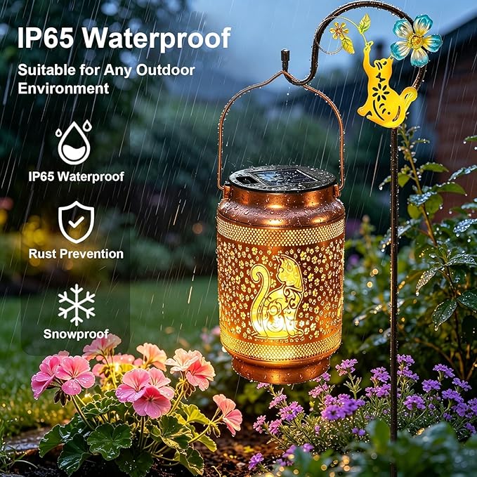 2 Pack Cat Solar Lanterns Outdoor Waterproof Solar Garden Decor, Birthday Gifts for Mothers Day Women Mom Grandma, Metal Hanging Lights with Shepherd Hook for Outside Yard Patio Pathway Backyard