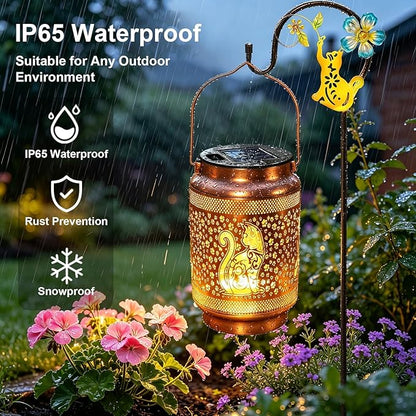 Cat Solar Lanterns Outdoor Waterproof Solar Garden Decor, Birthday Gifts for Mothers Day Women Mom Grandma, Metal Hanging Lights with Shepherd Hook for Outside Yard Patio Pathway Backyard Porch