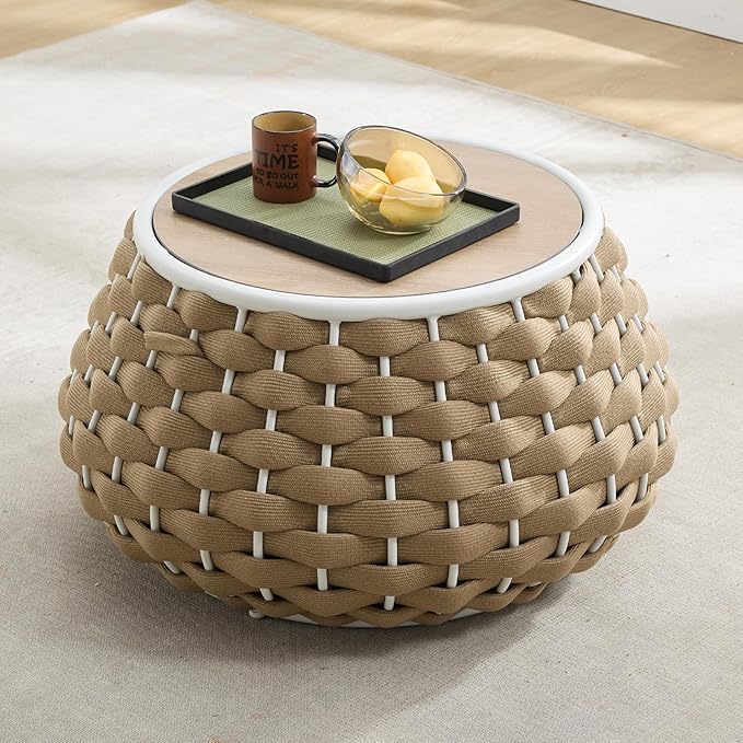 30.5 inch Outdoor Side Table, Large Patio End Table with Removable Lid Round Accent Side Tables with Metal Frame and Hollow Out Bottom for Patio, Balcony Porch, Poolside, Garden, Yard, Brown