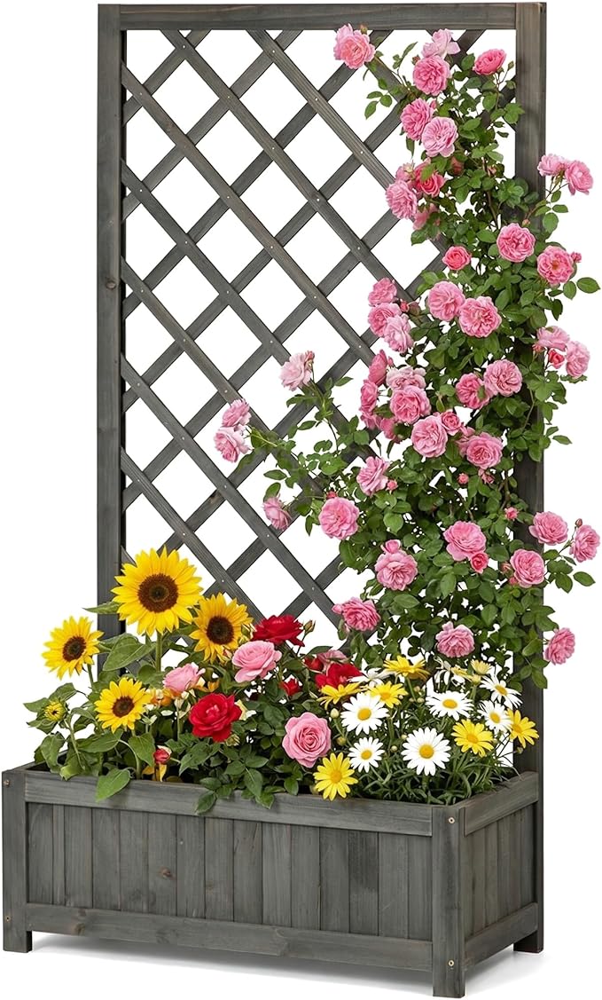 Wooden Raised Garden Bed with Trellis, 47" Outdoor Planter Box for Climbing Plants, Vertical Modern Gray Garden Planter for Vegetables, Flowers & Vines, Lattice Plant Support for Patio Yard Balcony
