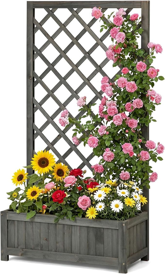 Wooden Raised Garden Bed with Trellis, 47" Outdoor Planter Box for Climbing Plants, Vertical Modern Gray Garden Planter for Vegetables, Flowers & Vines, Lattice Plant Support for Patio Yard Balcony
