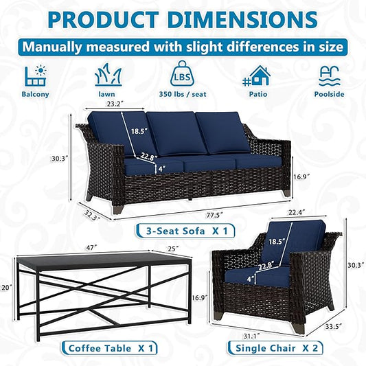 Vista Vibe 4 Pieces Outdoor Patio Conversation Furniture Set - 78" 3-seat Sofa | 2 Chairs | Metal Coffee Table, Deep Seat Loveseat, Removable Cushions, PE Rattan Couch, Lawn (Brown/Navy)