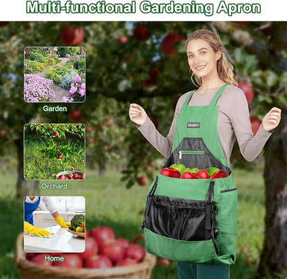Garden Apron,Harvest Aprons with Drawstring Bag and Pockets for Women and Men,Canvas Fruit Picking Apron