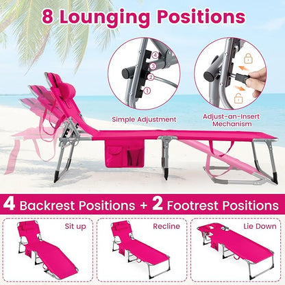 COSTWAY Tanning Chair with Face Hole, Folding Beach Lounge Chair | 4-Position Adjustable Backrest, Pillow & Side Pocket, Foldable Chaise Lounge Chair (1, Pink)