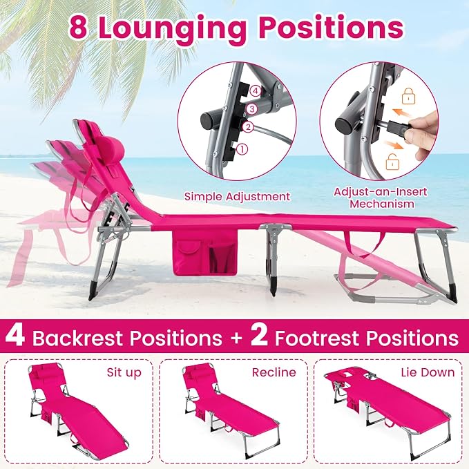 COSTWAY Tanning Chair with Face Hole, Folding Beach Lounge Chair with 4-Position Adjustable Backrest, Pillow & Side Pocket, Foldable Chaise Lounge Chair Outdoor for Sunbathing, Camping (2, Pink)