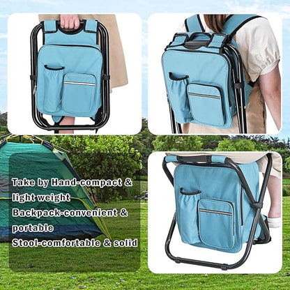Kikerike Backpack Stool Cooler Chair Heavy Duty 300 LBS Max Load Portable Lightweight Folding Fishing Cooler for Camping Hunting Fishing - Sky Blue