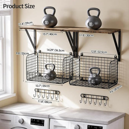 Housolution Garage Shelving Wall Mounted, Heavy-Duty Garage Wall Shelving with Baskets & Hooks Supports up to 154 LBS in Total, Tool Storage Organizer for Home, Garden, Kitchen, Laundry Room