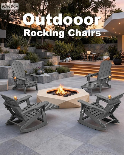 Adirondack Rocking Chairs Set of 4 with Retractable Ottoman, All Weather Folding Adirondack Chair with Two Cup Holders, Adirondack Outdoor Rocking Chairs for Porch, Patio, Balcony. Grey