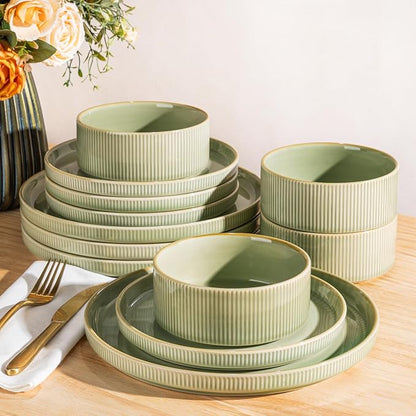 TheTerra Ceramic Dinnerware Sets for 4, 12 Pieces Porcelain Lightweight Plates and Bowls Sets, Scratch Resistant Dish Set, Oven & Microwave & Dishwasher Safe, Duck Egg Green