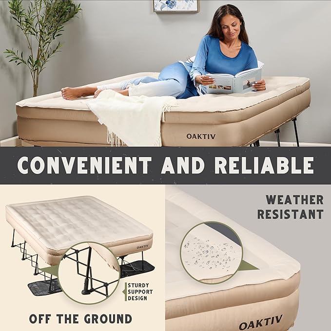 Queen Air Mattress with Frame, Self Inflating/Deflating Bed for Adults - PeakRest Blow Up Bed, Camping Cot with Mattress for Adults - Portable Queen with Travel Rolling Case on Wheels