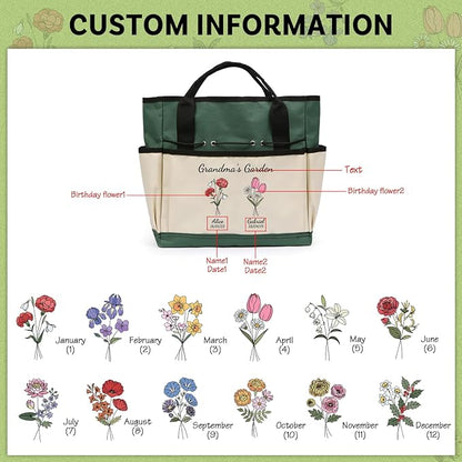 Personalized Garden Tools Set for Women: Custom Text Garden Tool Bag and Garden Shovel & Transplant Shovel & Hand Rake - Gardening Gifts for Mom Grandma Gardening Lover (2 Flowers)