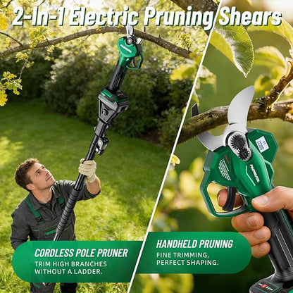 2-in-1 Electric Pruning Shears with Extension Pole, 1.6" Cutting Diamete Cordless Electric Scissors with Brushless Motor, Dual 2.0Ah Batteries, LCD Display, Sk7 Blade for High Branch & Garden Trimming