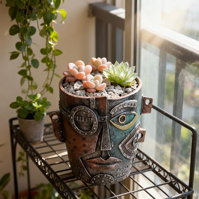 Abstract Face Planter Pot, Hand-Painted Resin Flower Pot with Top Opening for Planting, Decorative Planter for Indoor Plants, Art Accent Flowerpot Decor