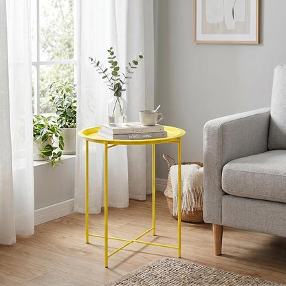 VECELO Side/End Table, Folding Round Metal Anti-Rust and Waterproof Outdoor or Indoor Tray for Living Room Bedroom Balcony and Office, 1 PCS,Yellow
