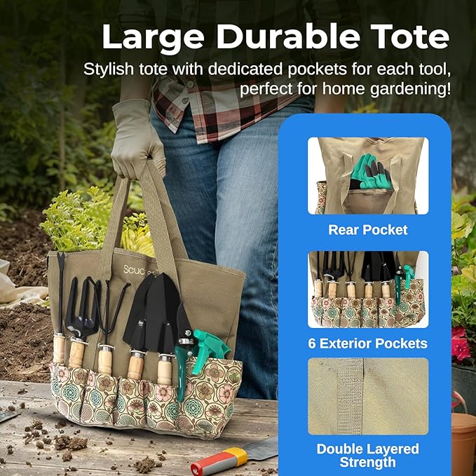 Scuddles All-in-One Gardening Tool Set with Large Storage Tote – Durable, Rust-Resistant Hand Tools with Ergonomic Grip for Digging, Weeding & Planting – Ideal Garden Gift for Women, Men & Beginners