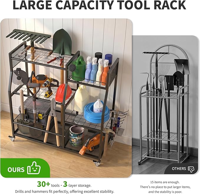 HOTEAGLE Garden Tool Organizer for Garage with 35.4” Width(High Stability), Outdoor Metal Utility Rolling Carts with Mute Wheels & 18.5mm Thick Rods, Easy to Clean, Black