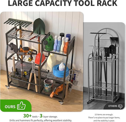 HOTEAGLE Garden Tool Organizer for Garage with 35.4” Width(High Stability), Outdoor Metal Utility Rolling Carts with Mute Wheels & 18.5mm Thick Rods, Easy to Clean, Black