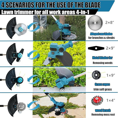 Electric Weed Wacker Cordless, with 2 X 21V 3.0Ah Battery Powered, 4 in 1Cordless Weed Eater & Brush Cutter with 4 Types Cutting Blades for Lawn Yard Garden