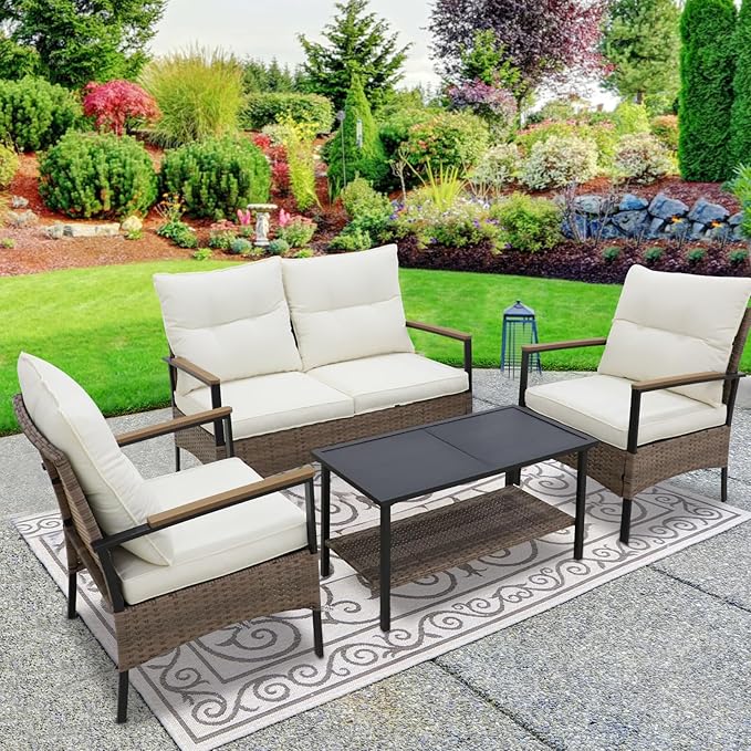 EAGLE PEAK 4 Piece Mojave Dusk Outdoor Conversation Set, Patio Wicker Furniture, Loveseat, 2 Patio Chairs and Coffee Table, Brown/Beige