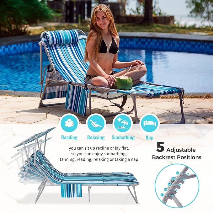 #WEJOY 3 in 1 Tanning Chair with Face Hole & Canopy, 300 lbs Heavy Duty 5 Positions Folding Face Down Lounge Chairs Outdoor with Pillow & Storage Bag Portable for Pool Beach Lawn Camping (Blue White)