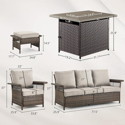 Patio Furniture Set with Fire Pit Table, 6PCS Patio Conversation Set Brown Resin Wicker Patio Chair Sofa Ottoman with 41in Rectangular Outdoor Fire Table PE Rattan Furniture Set