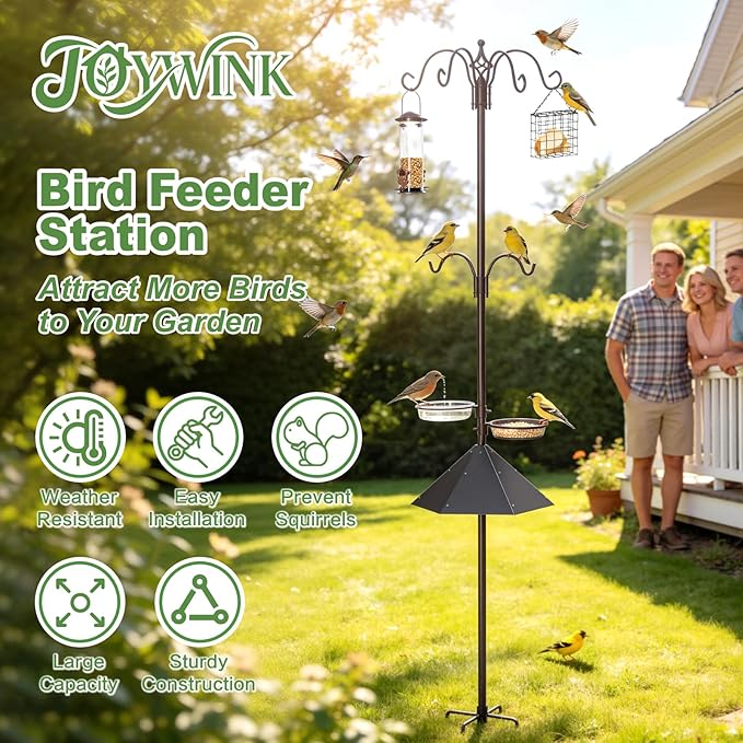 94" Bird Feeding Station Kit with Metal Squirrel Baffle, Heavy Duty Metal Bird Feeding Station with Seed Tray＆Mesh Basket, Easy Assembly Ground Mounted Bird Feeder Pole for Garden Yard Outdoor