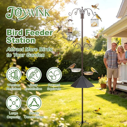 94" Bird Feeding Station Kit with Metal Squirrel Baffle, Heavy Duty Metal Bird Feeding Station with Seed Tray＆Mesh Basket, Easy Assembly Ground Mounted Bird Feeder Pole for Garden Yard Outdoor