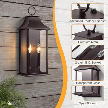 Dusk to Dawn Outdoor Wall Sconces 2-Light, 20.6" Large Outside Wall Sconce, Bronze Wall Light Fixture with Glass, Waterproof Exterior Lamp for House, Porch, Garage