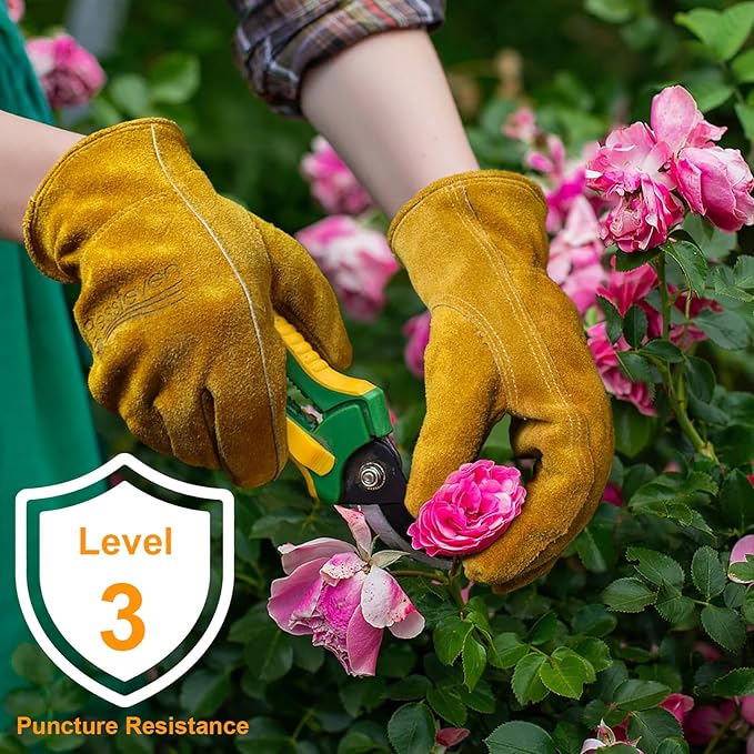 Leather Gardening Gloves for Men Women: Thorn Proof Cowhide Work Gloves for Yard Work Rose Pruning Heavy Duty