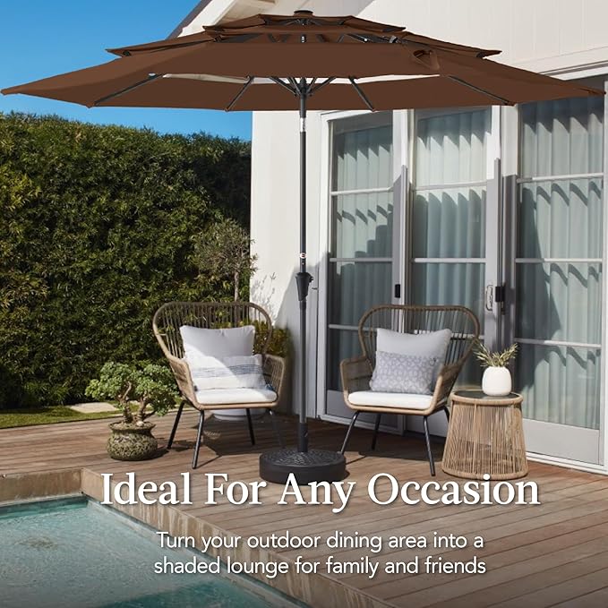 Best Choice Products 10ft 3-Tier Market Patio Umbrella, Outdoor Sun Shade with Tilt, Crank Lift, 8 Ribs for Backyard, Deck, Poolside – Brown