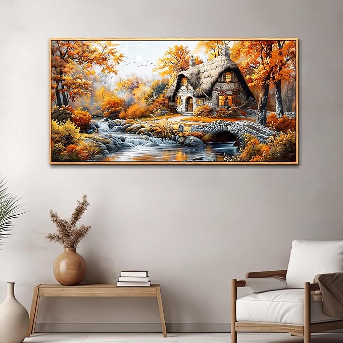 QIYILEXWART Large Wall Decor For Living Room Canvas Wall Art For Office Modern Wall Decorations For Bedroom Autumn Cottage River Landscape Painting Farmhouse Pictures Artwork Room Home Decor 24x48