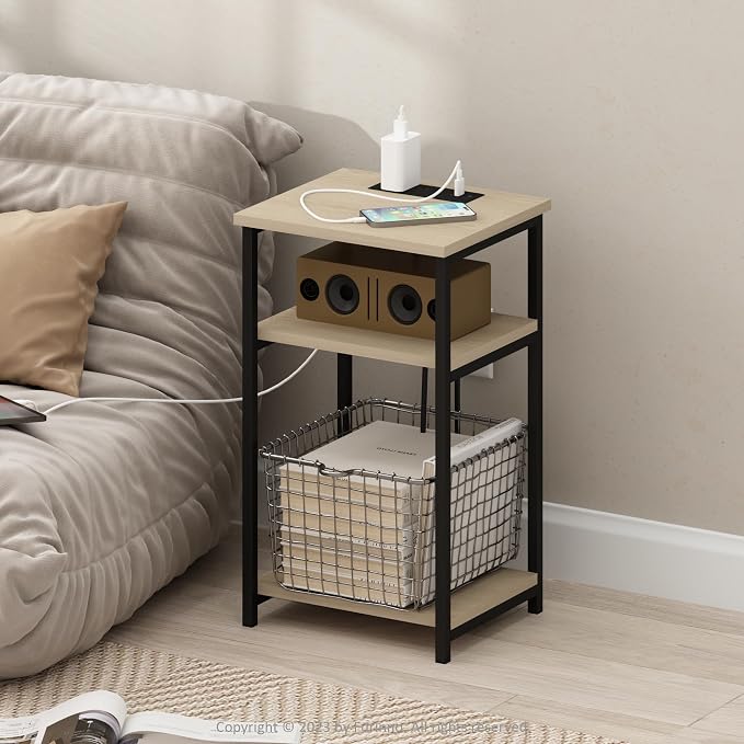 Furinno Moretti Side Table, 3-Tier Modern End Table with Charging Station, Metal Frame Night Stand, Bedside Table with USB and Type-C Port, for Living Room, Bedroom, Bauhaus Oak
