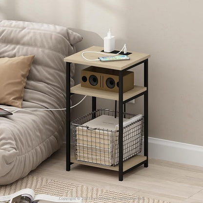 Furinno Moretti Side Table, 3-Tier Modern End Table with Charging Station, Metal Frame Night Stand, Bedside Table with USB and Type-C Port, for Living Room, Bedroom, Bauhaus Oak
