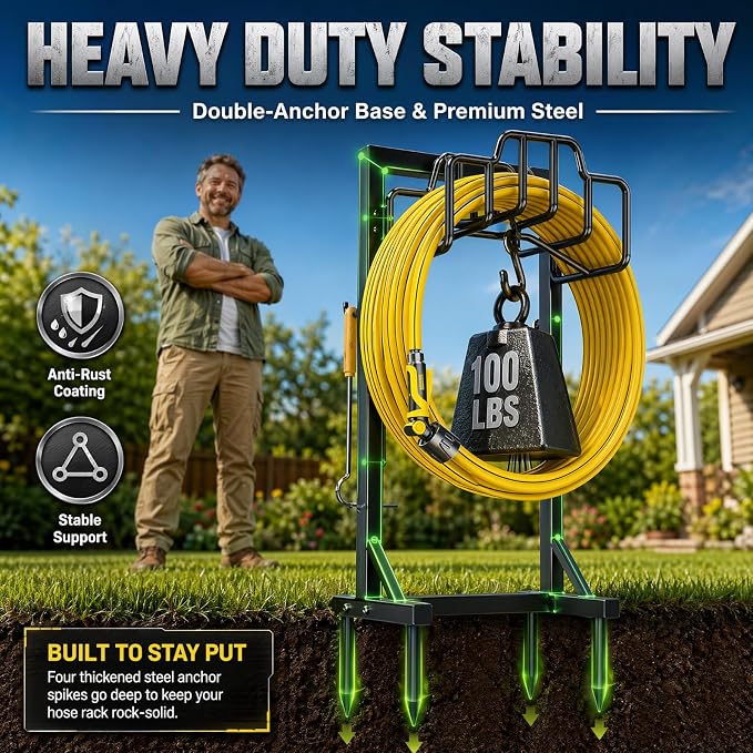Skycarper Garden Hose Reel Holder Detachable Metal Water Hose Hanger Organizer Heavy Duty Free Standing Hose Stand (Deep Black)