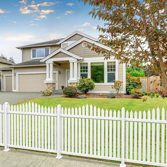Patio Vinyl Picket Fence White Panels 36" H x 84" W PVC Decorative Fences for Front Yard Porch Patio Deck Pool Air Conditioner Safety Dog Fencing (20 Pickets, Scallop)