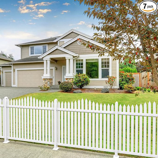 Patio 7 Sets Vinyl Picket Fence Panels 36" H x 84" W White PVC Decorative Fence for Front Yard Porch Patio Deck Pool Air Conditioner Fence Safety Dog Fence (20 Pickets, Scallop)