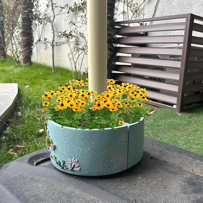 2pcs Patio Umbrella Planter Around Umbrella Planter Blue Weatherproof with Drainage Holes Half-Circle Planter Pots with Umbrella Rod Hole for Terrace Tables