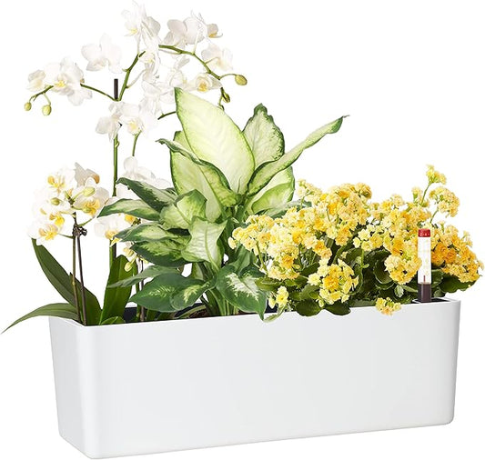 Elongated Self Watering Planter Pots Window Box 5.5 x 16 inch Indoor Home Garden Modern Decorative Planter Pot for All House Plants Flowers Herbs (White,1-Pack)