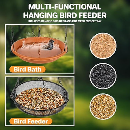 RAINFLOW Hanging Bird Bath for Outdoors - Hanging Bird Feeder for Outside, Platform Bird Water Feeder Bath Tray Wildlife Feeder,Tray for Outdoors Garden Backyard Attracting Wildbirds，2 in 1 Set