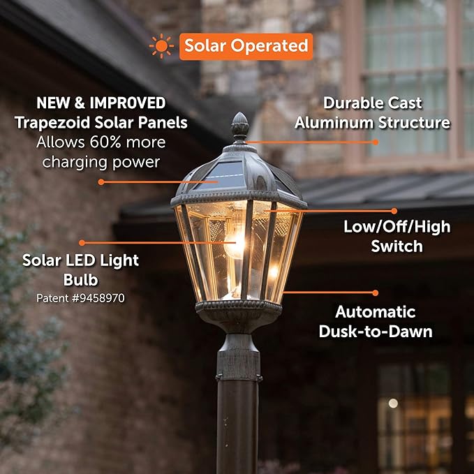 Gama Sonic Outdoor Solar Lamp Post Light, Weathered Bronze Finish Aluminum, Royal Bulb, Beveled Glass, 3-inch Fitter for Lamp Posts, 98B312, Upgraded