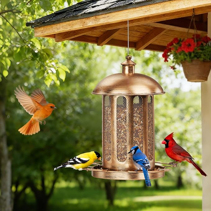 Bird Feeder, Large Capacity Bird Feeders for Outdoor Hanging, Heavy Duty Metal Wild Birdfeeder for Outside Garden Yard Decor, Retro Lantern Shape